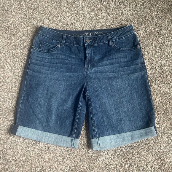 a.n.a. Mid Rise Denim Jean Cuffed Bermuda Jean Shorts, Medium Dark Wash, Size 6 - Picture 2 of 9